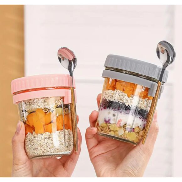 2 Pack Glass Jars With Spoons Parfait Dessert Soup Drinks Lunch - Picture 3 of 5